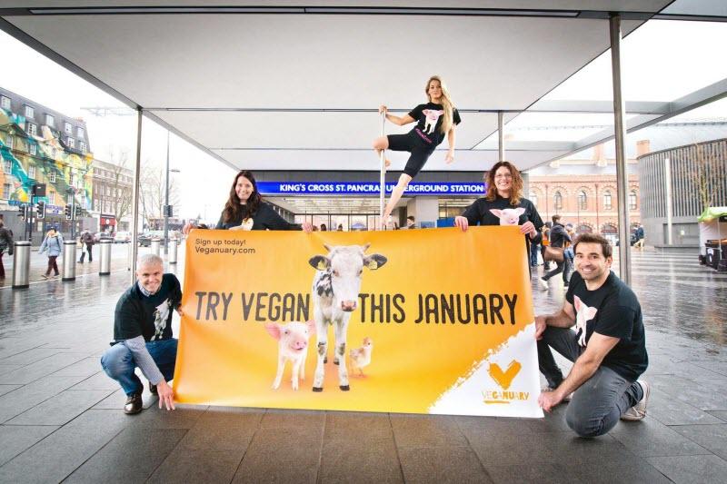 Cause-based marketing Veganuary ads London Underground campaign launch King's Cross station