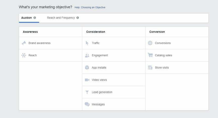 Facebook objectives selection