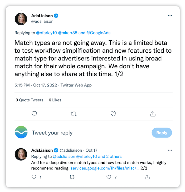 ginny marvin tweet about keyword match types not going away