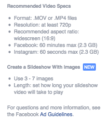 facebook video ad recommended specs
