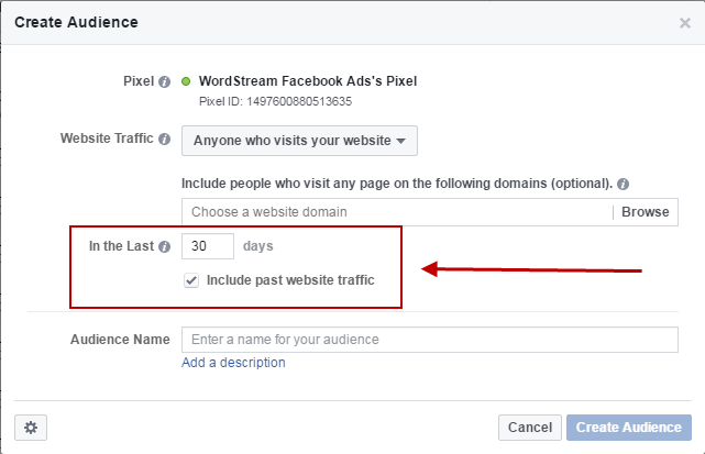 Facebook conversion tracking create timeframe audience