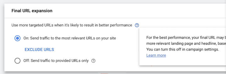 google ads performance max - URL expansion defaults to on