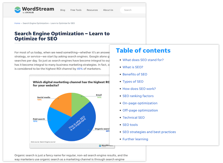 SEO pillar page example by wordstream