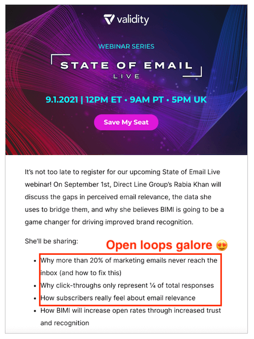 copywriting psychology - example of email with open loops