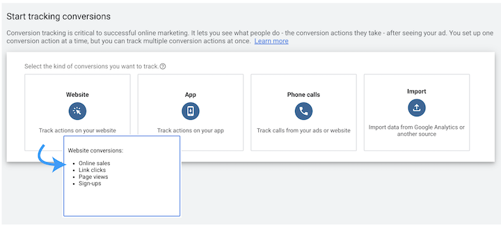 google ads website conversion actions