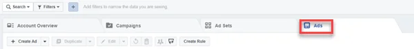 facebook ad manager ad tab location